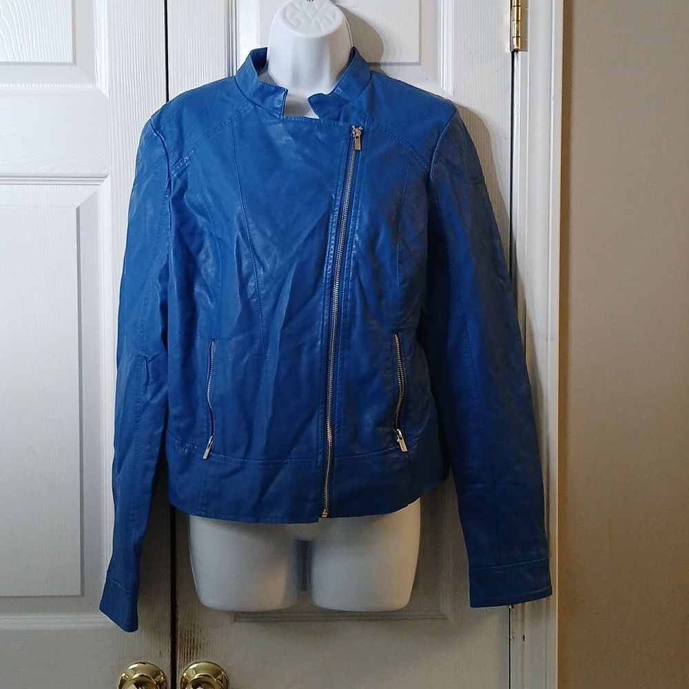 Blue Faux Leather Moto Jacket w/ Cheetah Lining motorcycle rocker  Sz L  NWOT